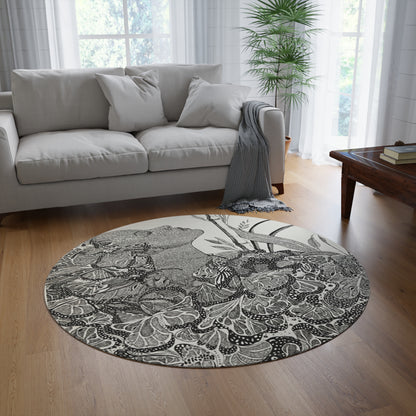 Round Rug - 'Black butterfly' Design by Art Peace by Saidah